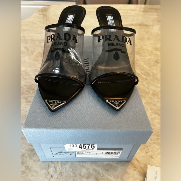 Prada Authentic Women's Logo Heeled Sandals PVC with Leather - Picture 1 of 9